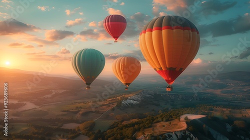 Hot air balloons in soft pastel hues of pink, blue, yellow, and green, floating over a serene landscape on a calm, sunny day. Wide-angle shot, hd quality, natural look. --ar 16:9 --v 6.0