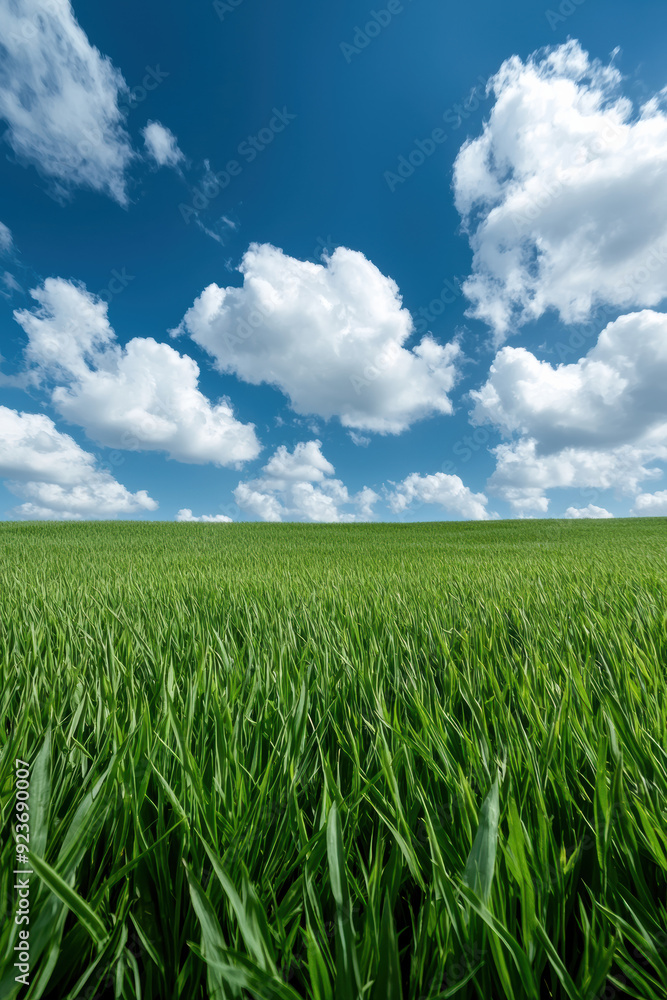 Vibrant green field with tall grass under a clear blue sky with puffy white clouds, perfect for nature, landscape, or agricultural themes. Vibrant green field with tall grass under a clear blue sky with puffy white clouds, perfect for nature, landscape, or agricultural themes.