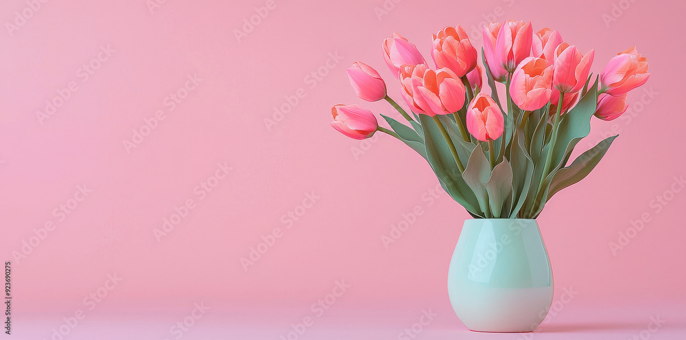A bouquet of beautiful pastel pink tulips is arranged in a delicate green vase set against a smooth pink background, capturing the essence of springtime elegance. A bouquet of beautiful pastel pink tulips is arranged in a delicate green vase set against a smooth pink background, capturing the essence of springtime elegance.