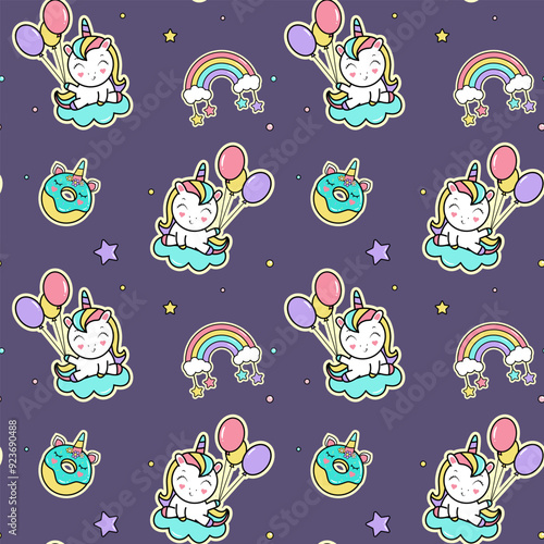 Birthaday party background with cute unicorns. Seamless patterns in cartoon style. photo