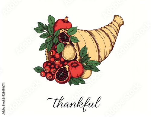 a hand drawing illustration of cornucopia filled with harvest fuits and leaves with a word thankful
