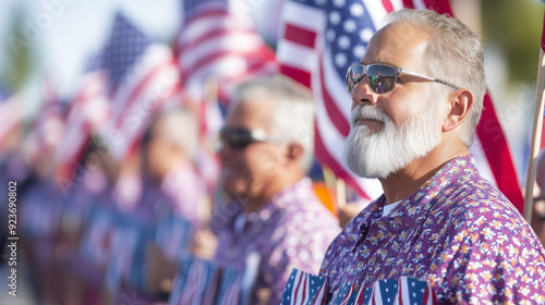 Labor Day parade with union workers: A lively parade scene with union workers marching proudly with banners, wearing matching shirts, waving American flags, and people cheering on photo