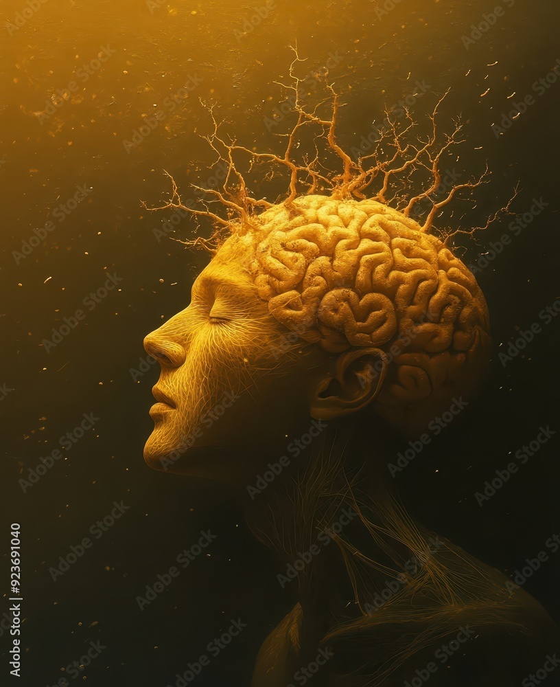 Obraz premium A digital brain with neural pathways labeled search, algorithm, and index, symbolizing data processing.