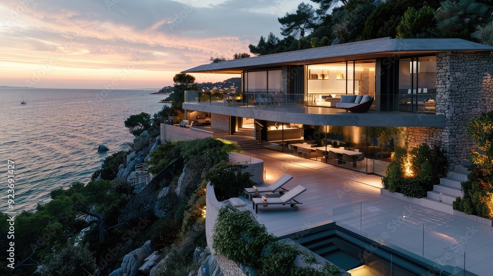 Modern luxury villa perched on a cliff overlooking the ocean at sunset. The home features a swimming pool, patio and expansive views. Modern luxury villa perched on a cliff overlooking the ocean at sunset. The home features a swimming pool, patio and expansive views.