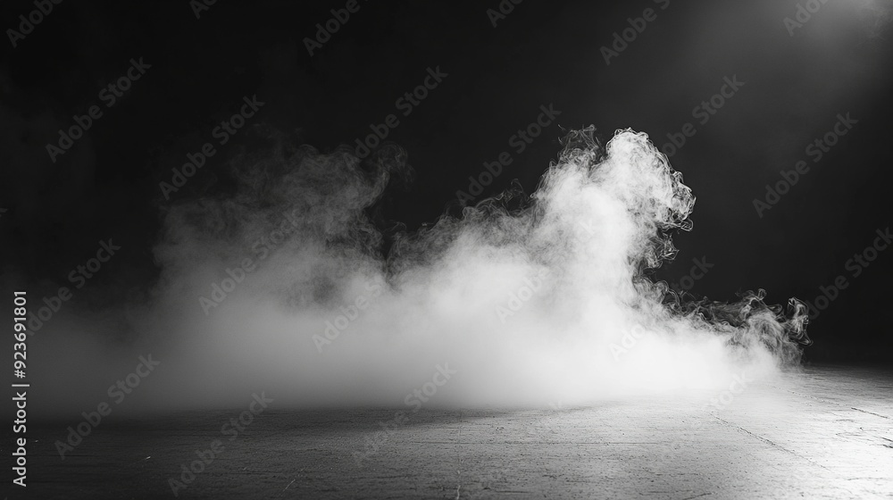 White smoke or fog flow on floor. Large mist in dark room on black background. Smoke on stage studio. Generative ai White smoke or fog flow on floor. Large mist in dark room on black background. Smoke on stage studio. Generative ai
