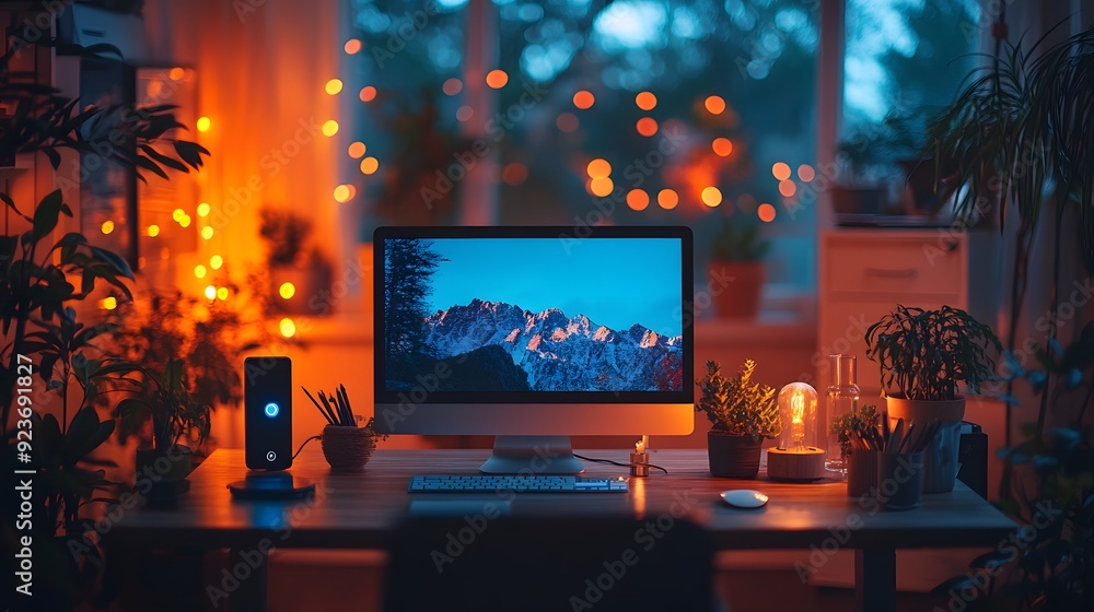 Smart Office Setup: A horizontal 16:9 view of a home office with smart lighting, an ergonomic desk with height adjustments, and voice-controlled devices for a productive environment. Smart Office Setup: A horizontal 16:9 view of a home office with smart lighting, an ergonomic desk with height adjustments, and voice-controlled devices for a productive environment.