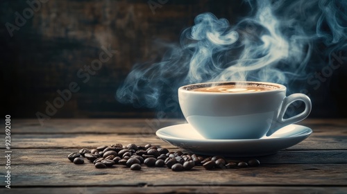 Cup of coffee with smoke and coffee beans on old wooden background Generative