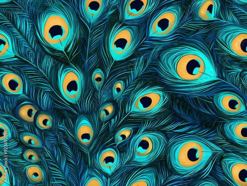 Peacock feathers, eye-like patterns in vibrant blues and greens, radiating from a central point, seamless pattern