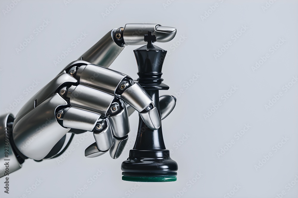 Polished metallic robotic hand holds black king chess piece against plain white background. Polished metallic robotic hand holds black king chess piece against plain white background.