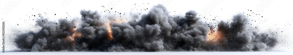 Powerful Explosion with billowing Black Smoke on a Pure White Background, Capturing the Intensity of a Momentous Event in Searing Detail. Powerful Explosion with billowing Black Smoke on a Pure White Background, Capturing the Intensity of a Momentous Event in Searing Detail.