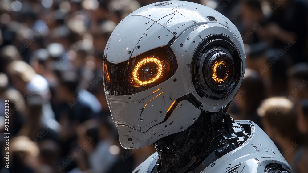 A sleek, futuristic robot with vibrant glowing eyes is surrounded by a crowd, highlighting the intersection of technology and humanity A sleek, futuristic robot with vibrant glowing eyes is surrounded by a crowd, highlighting the intersection of technology and humanity