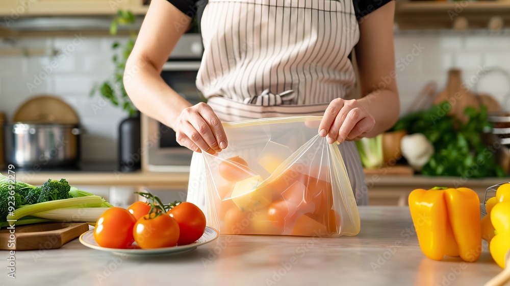 In a modern kitchen, someone uses eco-friendly silicone bags for fresh food and less waste. In a modern kitchen, someone uses eco-friendly silicone bags for fresh food and less waste.