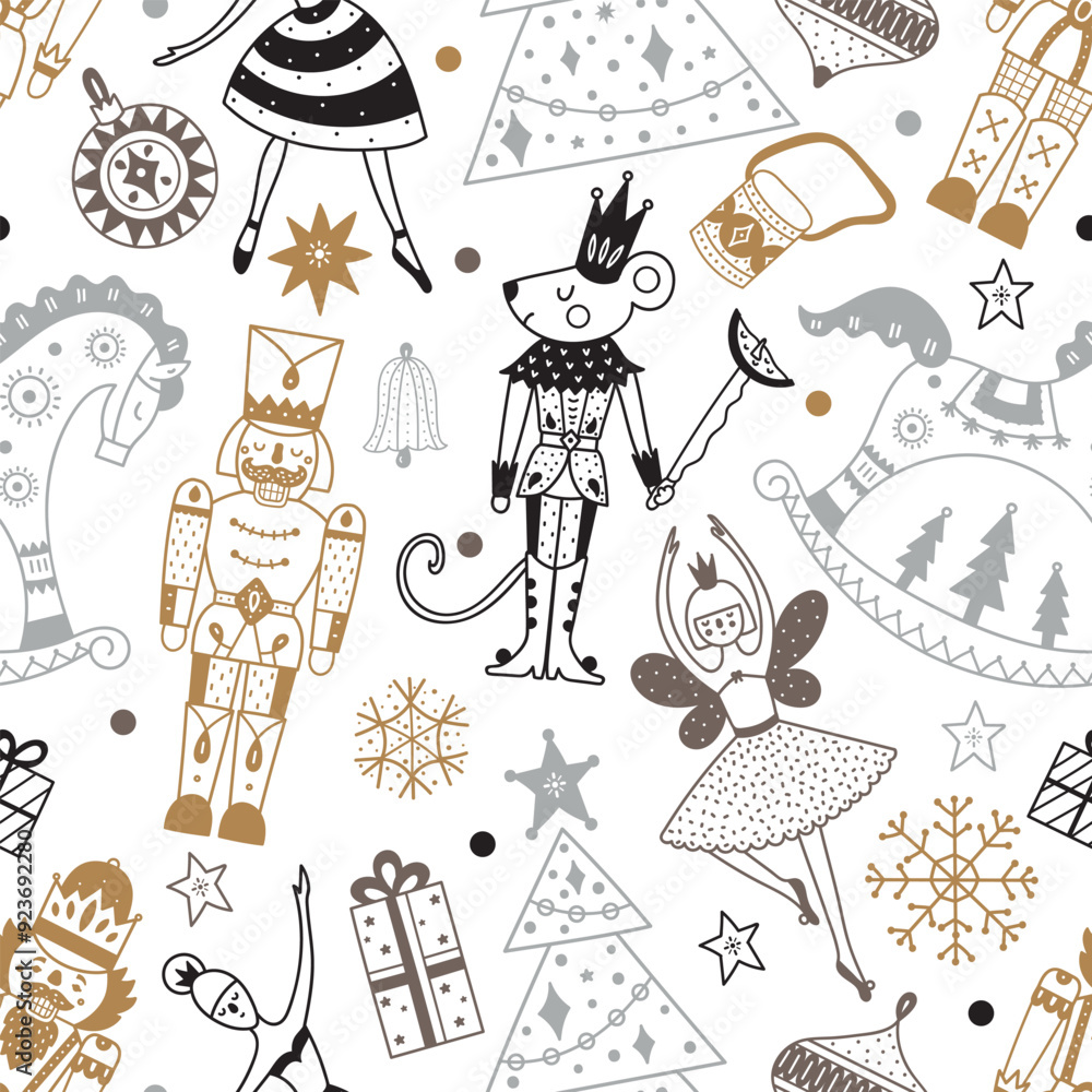 Obraz premium Cute Christmas vector seamless Nutcracker pattern.Can be used for wallpaper, pattern fills, web page background, surface textures.