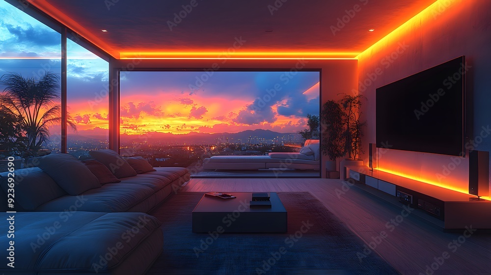 Living Room with Voice Control: A 16:9 image of a modern living room where a person uses voice commands to control lighting, temperature, and entertainment systems. Living Room with Voice Control: A 16:9 image of a modern living room where a person uses voice commands to control lighting, temperature, and entertainment systems.