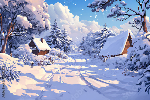 A snow-covered road in the heart of a winter wonderland, cartoon style, 3d rendering, generative ai photo