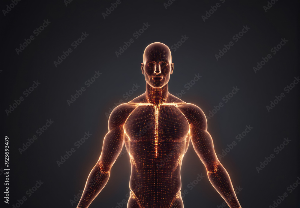 An Anatomically Correct Human Figure Rendered With Luminous Lines on a Dark Background An Anatomically Correct Human Figure Rendered With Luminous Lines on a Dark Background