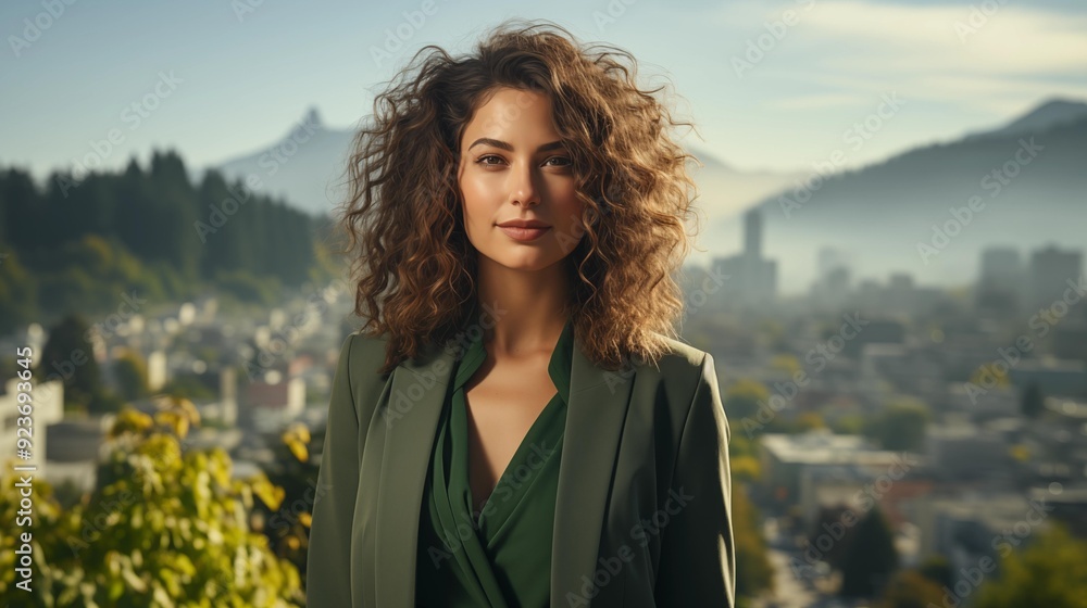 A woman with curly hair is standing in front of a city skyline A woman with curly hair is standing in front of a city skyline