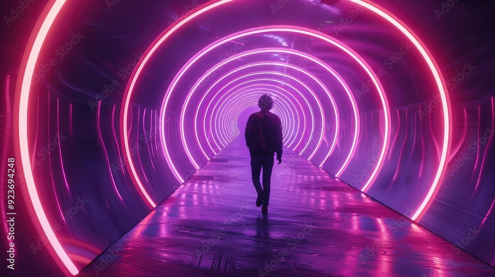 A lone figure walks through a futuristic tunnel illuminated by vibrant pink neon rings. A lone figure walks through a futuristic tunnel illuminated by vibrant pink neon rings.