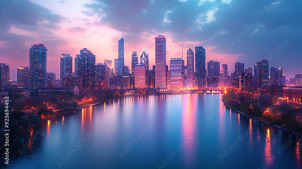 Fototapeta premium Pastel-colored city skyline at dusk, with buildings glowing in soft peach, lavender, and light blue. The calm river below reflects the serene hues. Wide-angle shot, hd quality, natural look.
