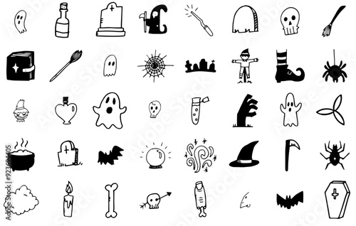 Set Of Linear Halloween Doodles Isolated Silhouette Solid Icons With Doodle,Spooky,Witchcraft,Halloween-Doodle,Halloween Solid Icon Collection. Vector Illustration