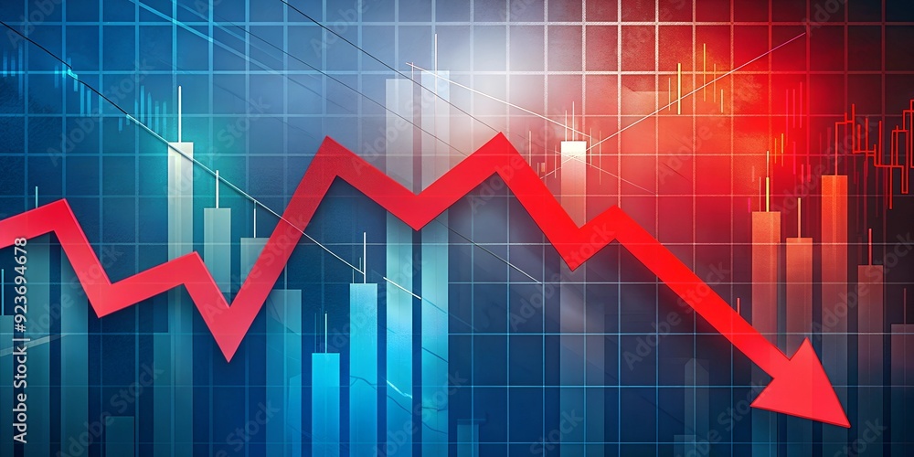 An economic crisis stock chart shows a steep decline with a red arrow pointing downwards over negative financial figures, set against the backdrop of a shadowed city skyline, symbolizing a bankruptcy An economic crisis stock chart shows a steep decline with a red arrow pointing downwards over negative financial figures, set against the backdrop of a shadowed city skyline, symbolizing a bankruptcy