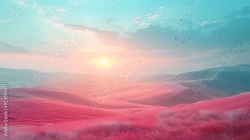 Pastel-colored hills in a dreamlike landscape, bathed in soft pink, lavender, and mint hues. A tranquil sky above with gentle clouds. Wide-angle shot capturing the serene and ethereal beauty,