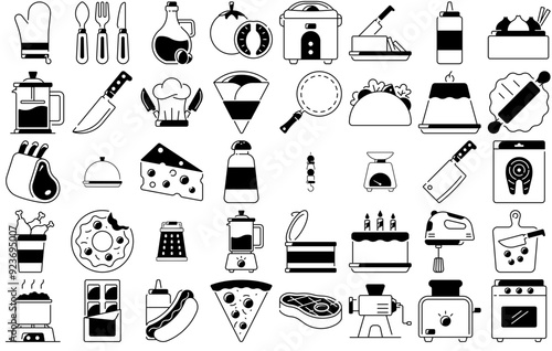 A Collection Of Gastronomy Icons Web Header Banner Design Containing Dessert,Dairy,Knife,Mixer,Kitchenware Stroke Icon Collection. Vector Illustration
