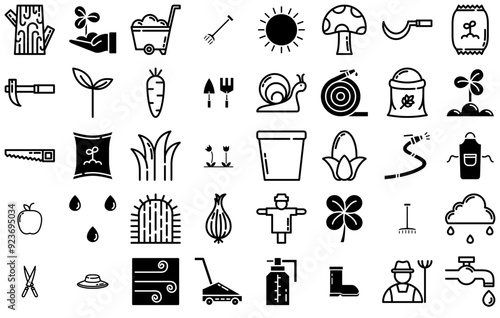 Set Of Linear Gardening Isolated Silhouette Solid Icons With Plant,Nature,Agriculture,Garden,Gardening Pictograms And Infographics Design Elements Vector Illustration