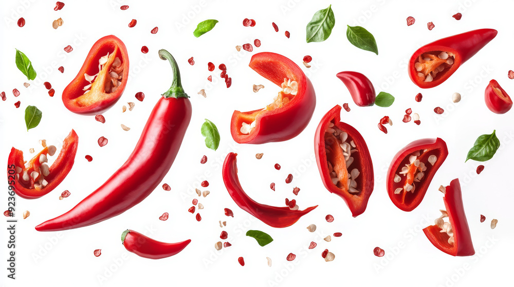 Fresh red chili peppers and sliced sections with seeds floating in mid-air. The file includes clipping paths. Fresh red chili peppers and sliced sections with seeds floating in mid-air. The file includes clipping paths.