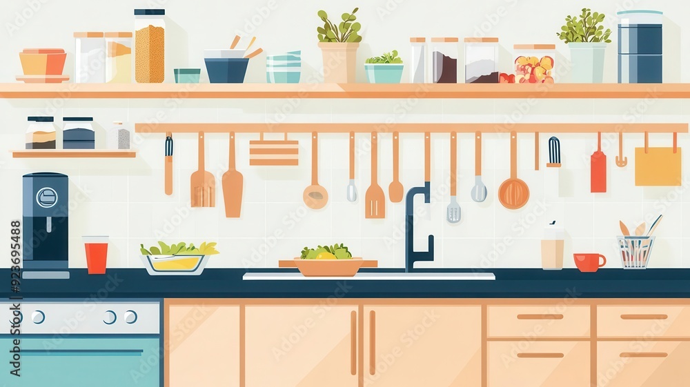 Dorm kitchen with sustainable utensils, students preparing meals, flat design illustration Dorm kitchen with sustainable utensils, students preparing meals, flat design illustration