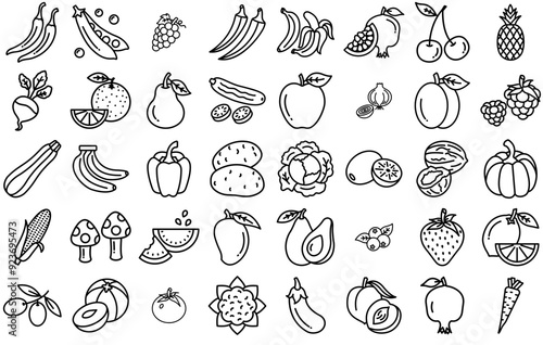 A Collection Of Fruits Vegetables Icons Collection Isolated Silhouette Solid Icons Including Healthy,Berry,Vegetable,Food,Fruit Infographic Simple Vector Illustration Logo