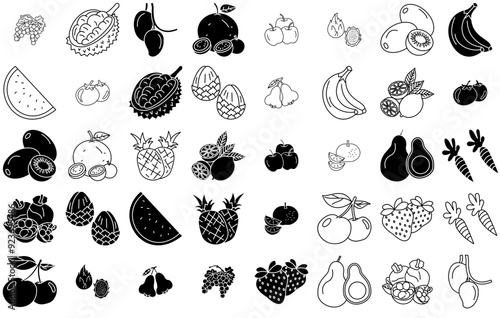 Set Of Fruit And Vegetables Icons Web Header Banner Design Containing Fruit,Sweet,Juicy,Tropical,Exotic Simple Black Style Symbol Sign For Apps And Website, Vector Illustration