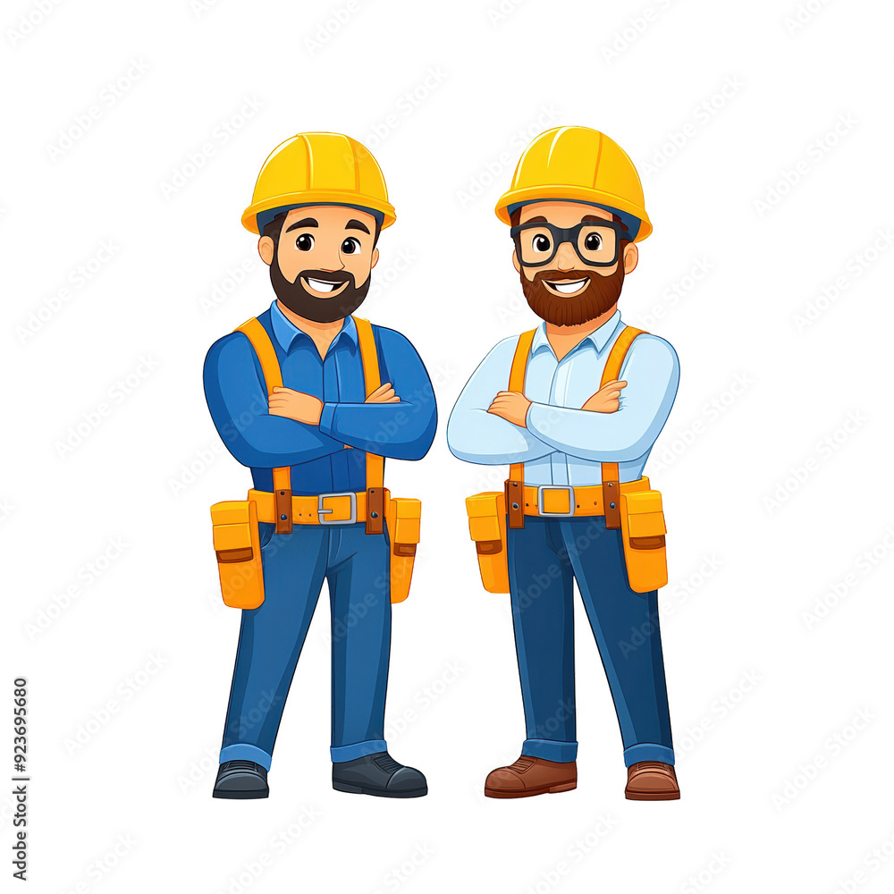 Two cheerful construction workers in safety gear stand confidently with arms crossed, ready for their next big project. isolated on a white background. Two cheerful construction workers in safety gear stand confidently with arms crossed, ready for their next big project. isolated on a white background.