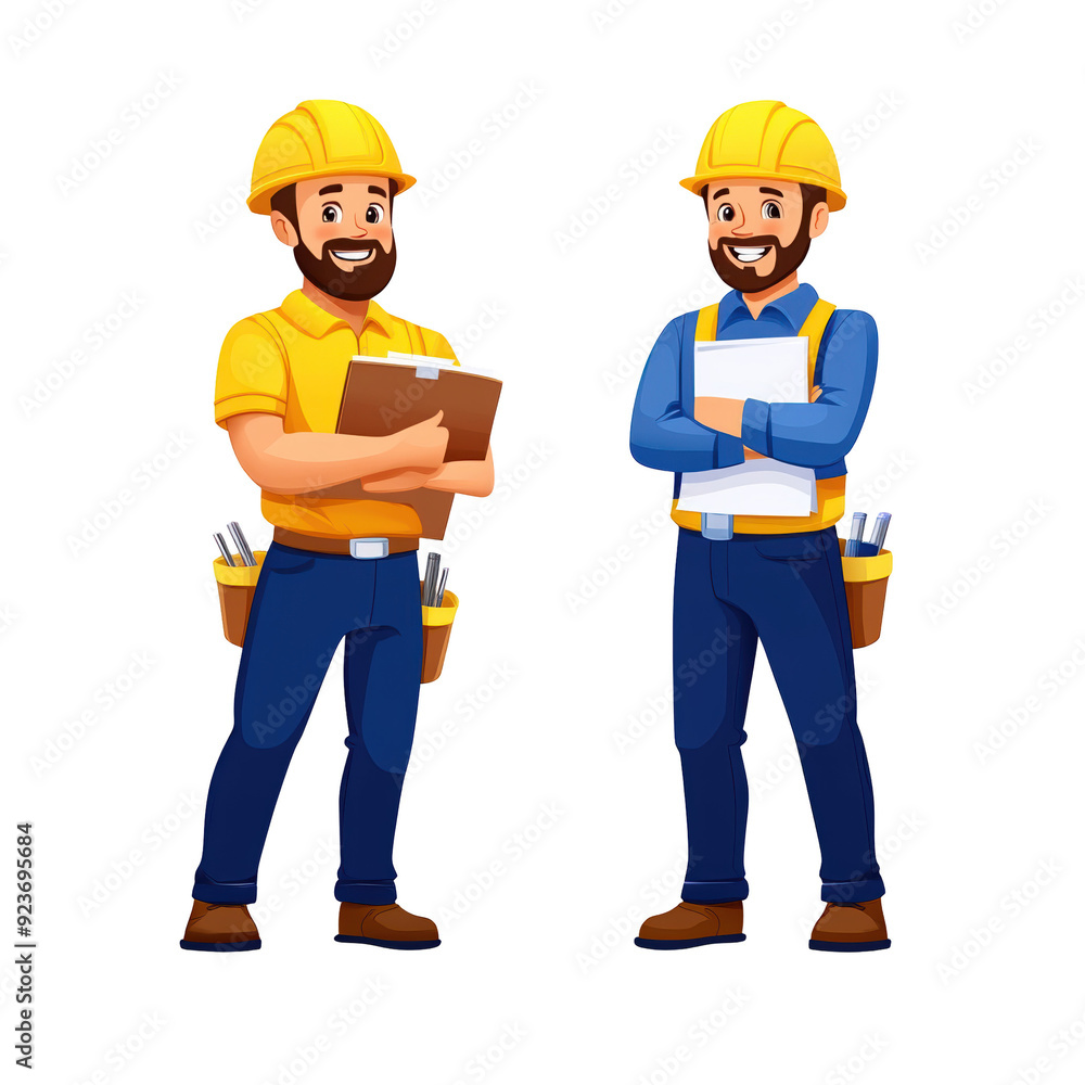 Two cheerful construction workers share plans and ideas, showcasing teamwork and professionalism on a building site. isolated on a white background. Two cheerful construction workers share plans and ideas, showcasing teamwork and professionalism on a building site. isolated on a white background.