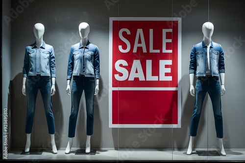 Denim mannequins in store window, large SALE sign, FINAL REDUCTIONS banner.