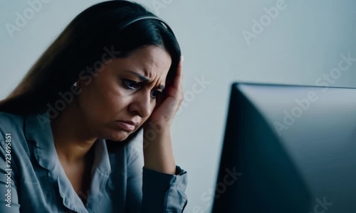 Tired business woman, call center and headache in stress, burnout or talking to difficult client in customer service at office. Exhausted and frustrated female consultant or agent annoyed on computer