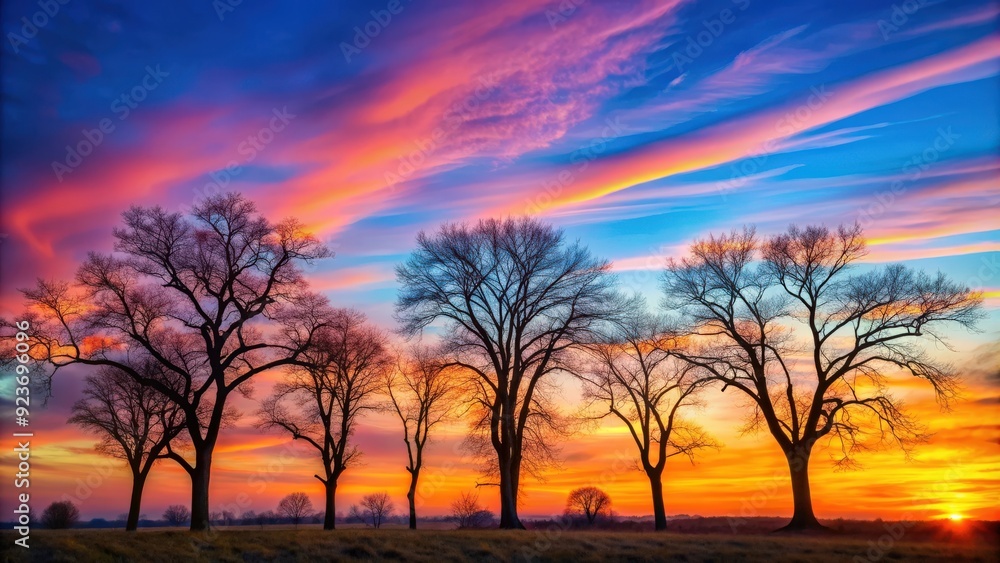 Silhouettes of bare trees set against a colorful sky , nature, landscape, sunset, branches, isolated, autumn, winter, silhouette Silhouettes of bare trees set against a colorful sky , nature, landscape, sunset, branches, isolated, autumn, winter, silhouette