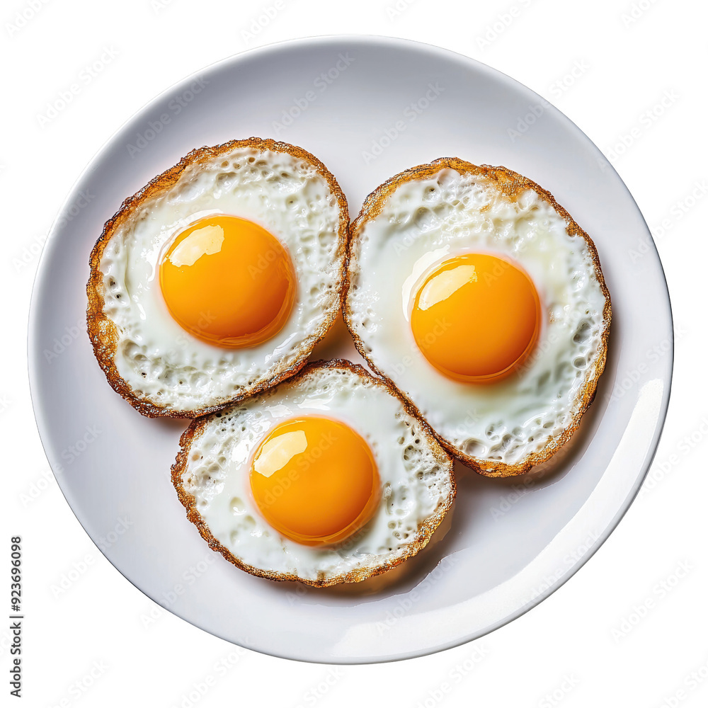 A close-up view of three perfectly fried eggs with golden yolks served on a white plate isolated on a white background. A close-up view of three perfectly fried eggs with golden yolks served on a white plate isolated on a white background.