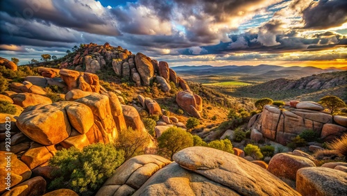 Rocky Overlook: Rugged, textured, natural, warm tones, boulder-strewn.