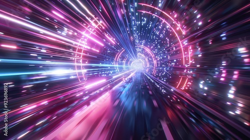 Abstract digital tunnel with glowing neon lights and streaks of light.