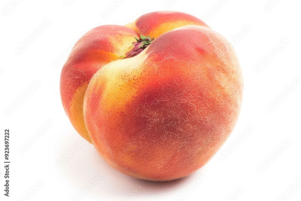 A ripe, juicy peach with a fuzzy skin, isolated on a pure white background A ripe, juicy peach with a fuzzy skin, isolated on a pure white background