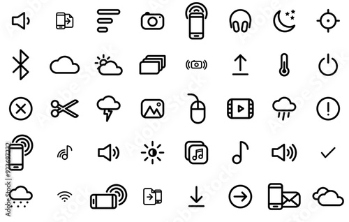 Set Of Filmy Icons Web Header Banner Design Containing View,Send,Share,Sound,Music Stroke Icon Collection. Vector Illustration