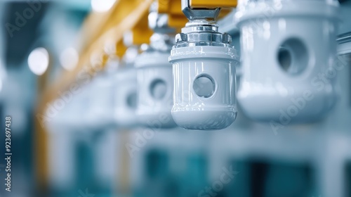 Detailed view of white ceramic components on an industrial assembly line, subjected to an automated painting process which emphasizes efficiency and quality control. photo