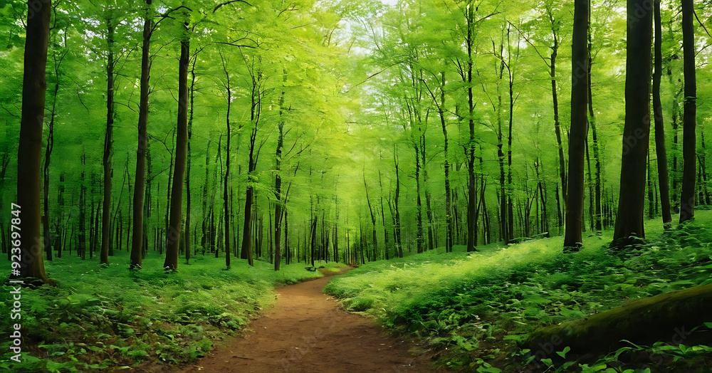 Obraz premium A sunlit path winds through a vibrant green forest, inviting exploration and a sense of peaceful solitude. Ideal for nature-themed websites, travel brochures, or projects promoting eco-tourism and out