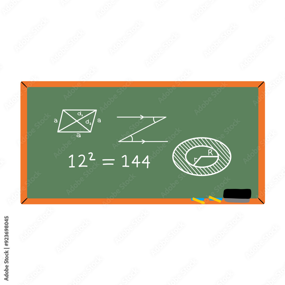Obraz premium Hand drawn math signs on chalk board. Graphic and formula, mathematical, geometric or physic doodle on blackboard, neoteric vector symbols
