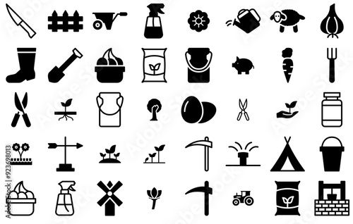 Mega Set Of Vector Farming And Gardening Line Glyph Icons Collection Isolated Silhouette Solid Icons Including Agriculture,Tools,Farming,Nature,Gardening Set Vector Flat Line Icons photo