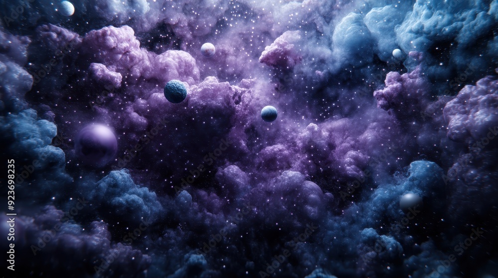 A stunning abstract cosmic scene displaying a vivid purple nebula interspersed with small planets, evoking the vastness, beauty, and mystery of space exploration. A stunning abstract cosmic scene displaying a vivid purple nebula interspersed with small planets, evoking the vastness, beauty, and mystery of space exploration.
