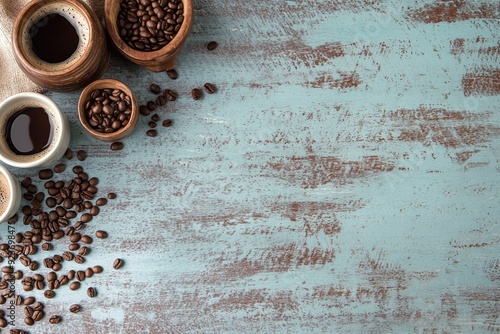 Coffee Beans, Cups, and Rustic Blue Wooden Background photo