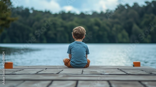 Fototapeta Naklejka Na Ścianę i Meble -  Child sitting quietly on a wooden dock by a calm lake surrounded by trees during the day