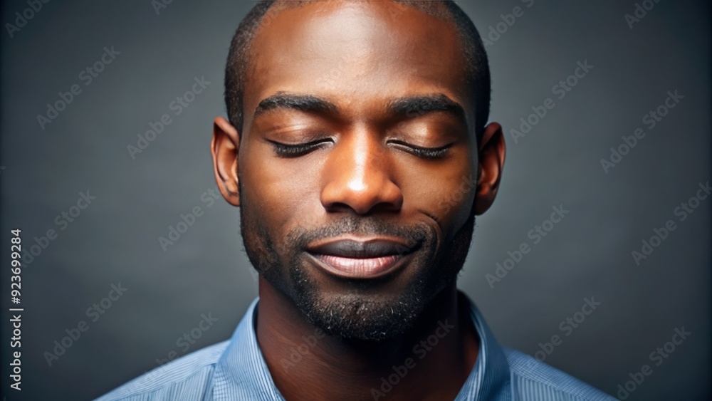 Serene African American male with closed eyes and mouth open in a gentle, silent scream, conveying a mix of emotions in a quiet moment. Serene African American male with closed eyes and mouth open in a gentle, silent scream, conveying a mix of emotions in a quiet moment.
